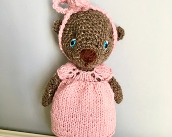 Crochet Ours en peluche Amigurumi Enfants Décoration intérieure Idées cadeaux Baby shower Jouets pour filles Teddy en robe rose aux yeux bleus