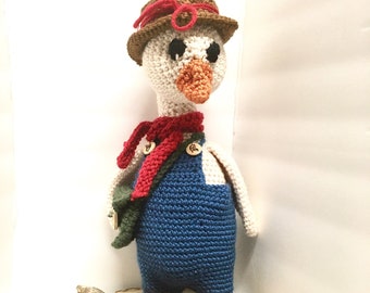 crochet goose amigurumi goose handmade dolls home decor goose stuffed toy gifts for kids cute dressed goose doll with hat bag blue pants