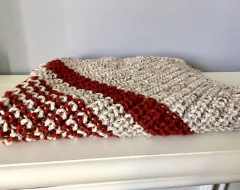 Knitted baby blanket warm wool blanket baby shower gift ideas homemade blanket off white and brick colored baby blanket