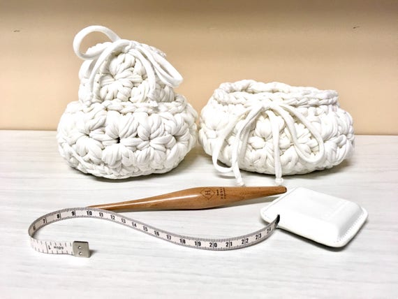 Crochet three white cotton baskets home decor gift ideas