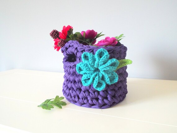 Handmade crochet basket Home decor Crochet gifts Floral basket Storage and organization T shirt Zpagetti Basket Storage basket Gifts ideas