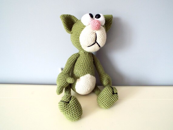 Crochet cat Amigurumi Green hand knitted cat Gift ideas for Kids Baby shower Home decor Stuffed cat Boys Girls plush animal Dolls Handmade