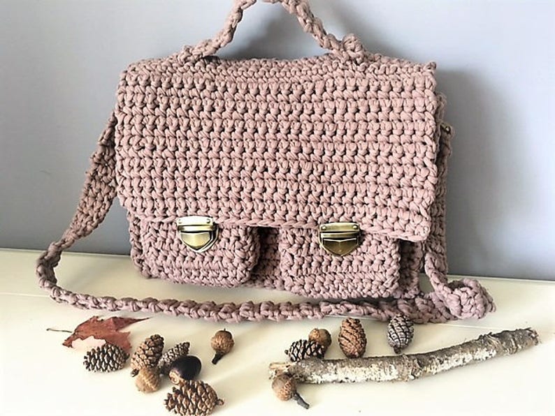 Crochet Messenger Bag With Two Pockets and Locks, Short and Long