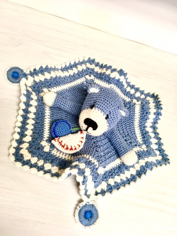 Crochet Teddy bear amigurumi blue teddy bear with small blanket and wooden teethers baby shower gift idea home decor nursery decor boys cute