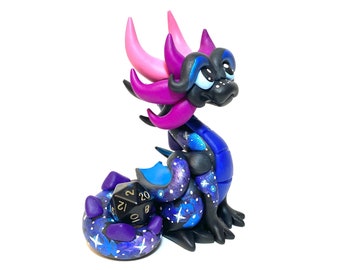 Stella | Galaxy Dragon | Polymer Clay Dice Holder Dragon | Purple, Blue, Fuchsia, and Pink Dragonling