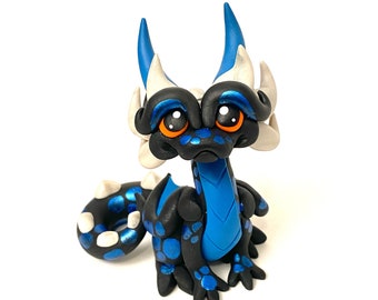 Nico | Polymer Clay Dice Dragon Figurine | Black, Teal, and Pearl White Dragonling Sculpture