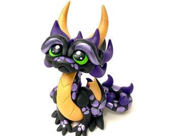 Empress | Polymer Clay Dice Dragon sculpture | Black, Light Gold, and Purple Dragonling Figurine