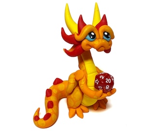 Mandar | Polymer Clay Dragon Dice Holder | Orange, Yellow-Orange, and Red-Orange Dragonling | Clay Dragon Figurine