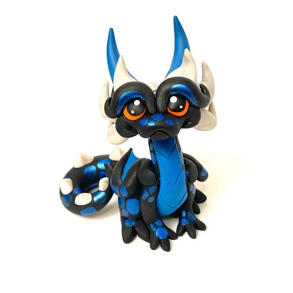 Nico | Polymer Clay Dice Dragon Figurine | Black, Teal, and Pearl White Dragonling Sculpture