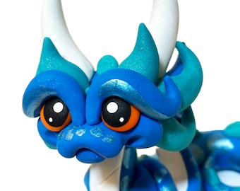 Lantis | Polymer Clay Dice Holder Dragon | Turquoise, White, and Teal Pearl Dragonling | Water Dragon Figurine | Blue Dragon