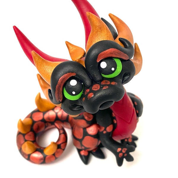Balzor | DnD Dice Dragon | Dice Dragon Polymer Clay Dragon Dice Holder- Black, Red, and Gold Dragonling | Fire Dragon