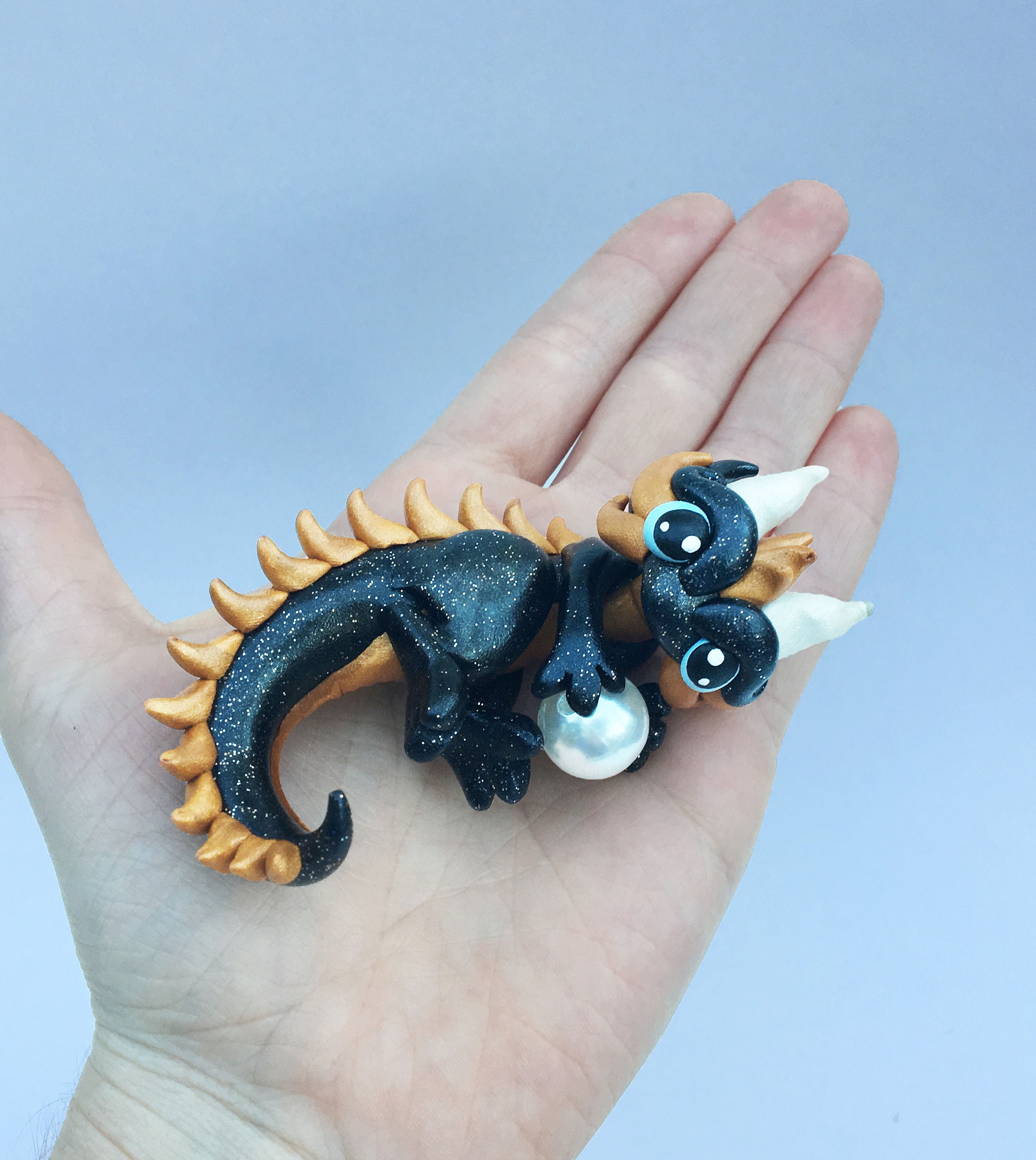 Polymer Clay Dragon Twinkly Black and Gold Mini Pearl Keeper Dragonling