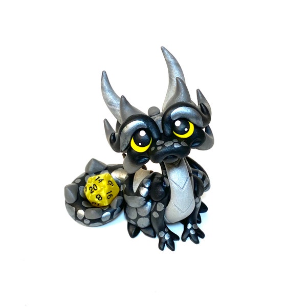 Obsidax | Polymer Clay Dragon Dice Holder | Black, Silver, and Gray Dragonling