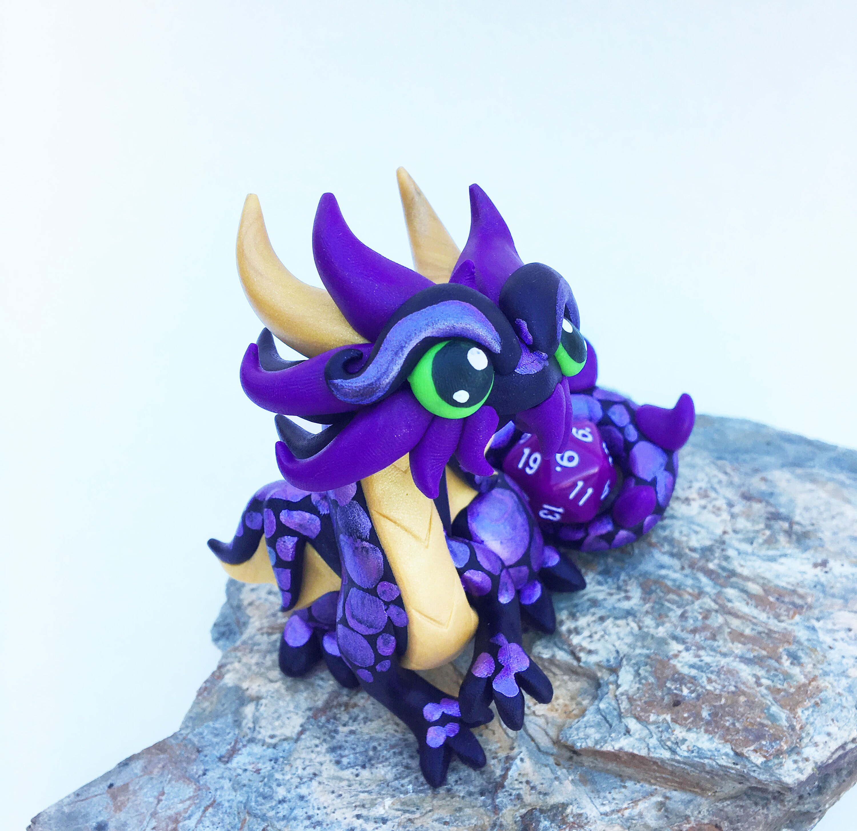 Polymer Clay Dice Dragon sculpture Black, Light Gold, and Purple