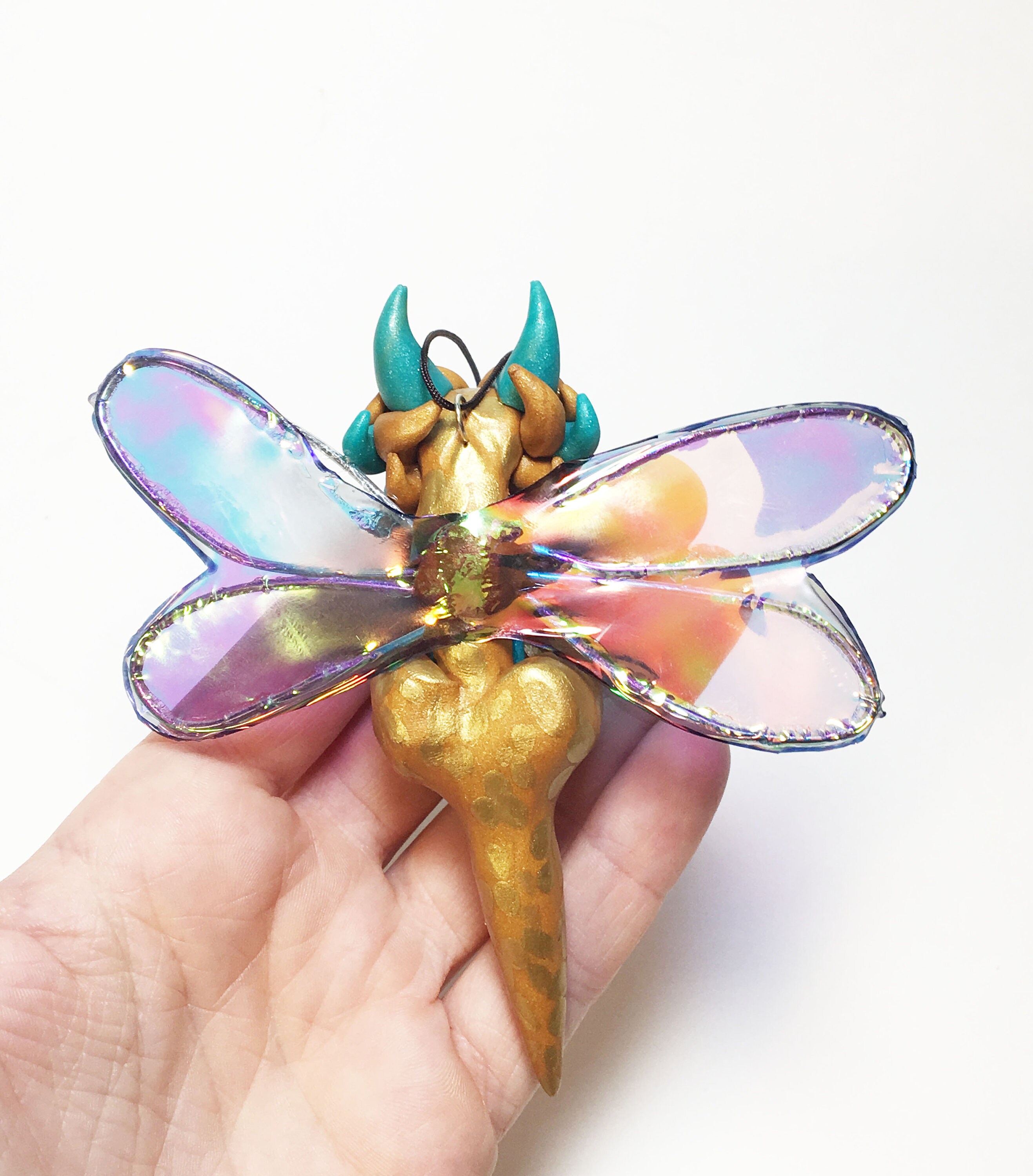 Polymer Clay Dragonfly Ornament Dragon Ornament Gold and Pearl Teal