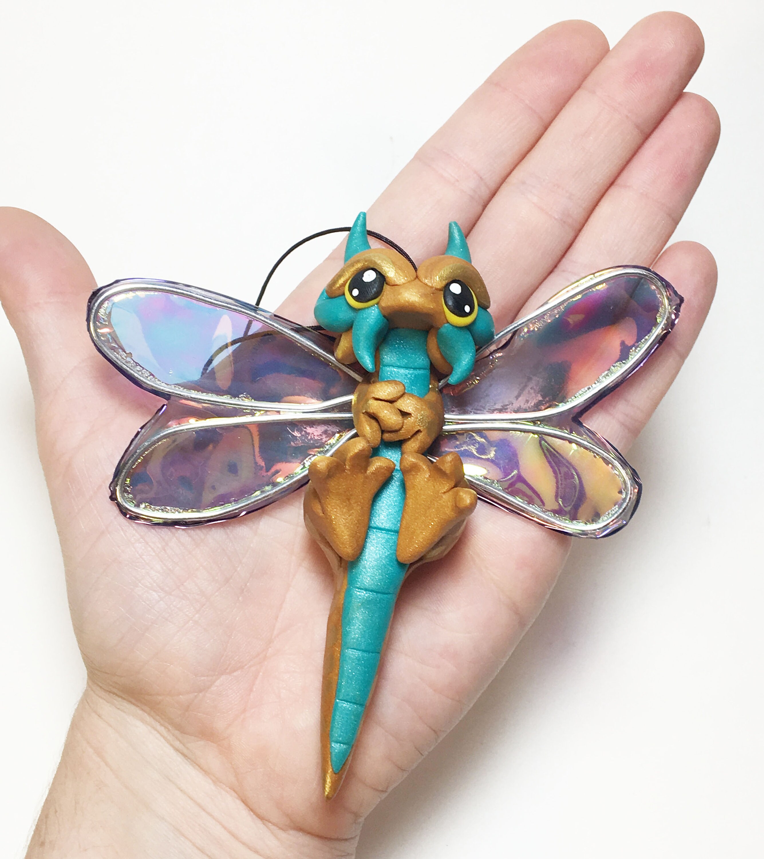 Polymer Clay Dragonfly Ornament Dragon Ornament Gold and Pearl Teal