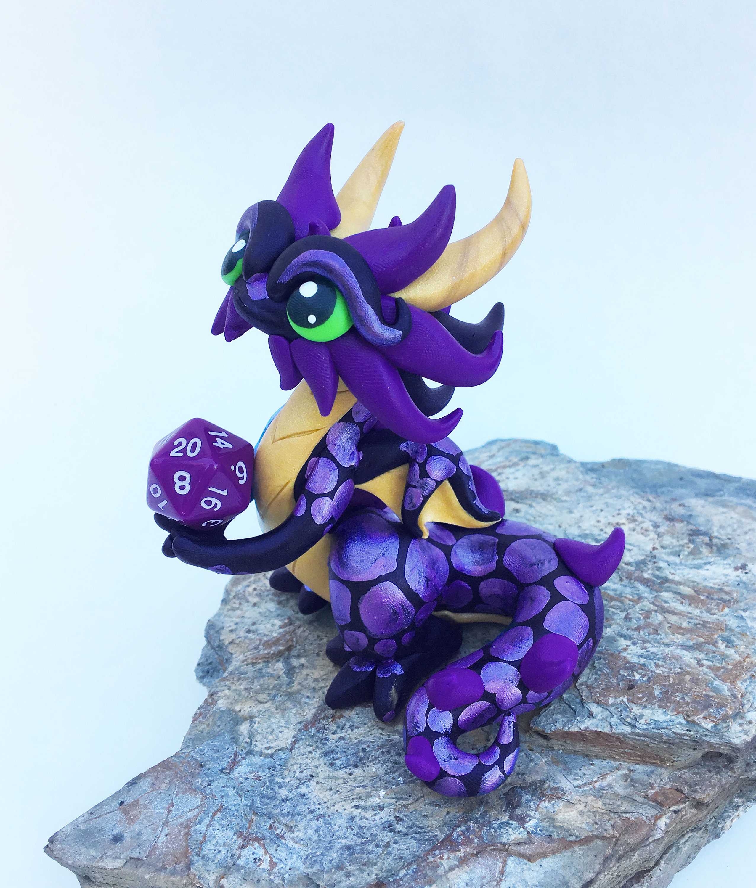 Polymer Clay Dice Dragon sculpture Black, Light Gold, and Purple