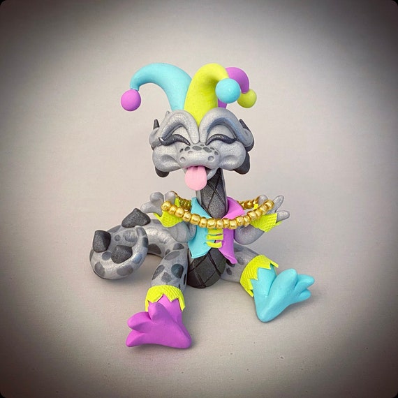 Jester Dragon | Mardi Gras Dragonling | Jester Figurine | Clay Dragon Sculpture