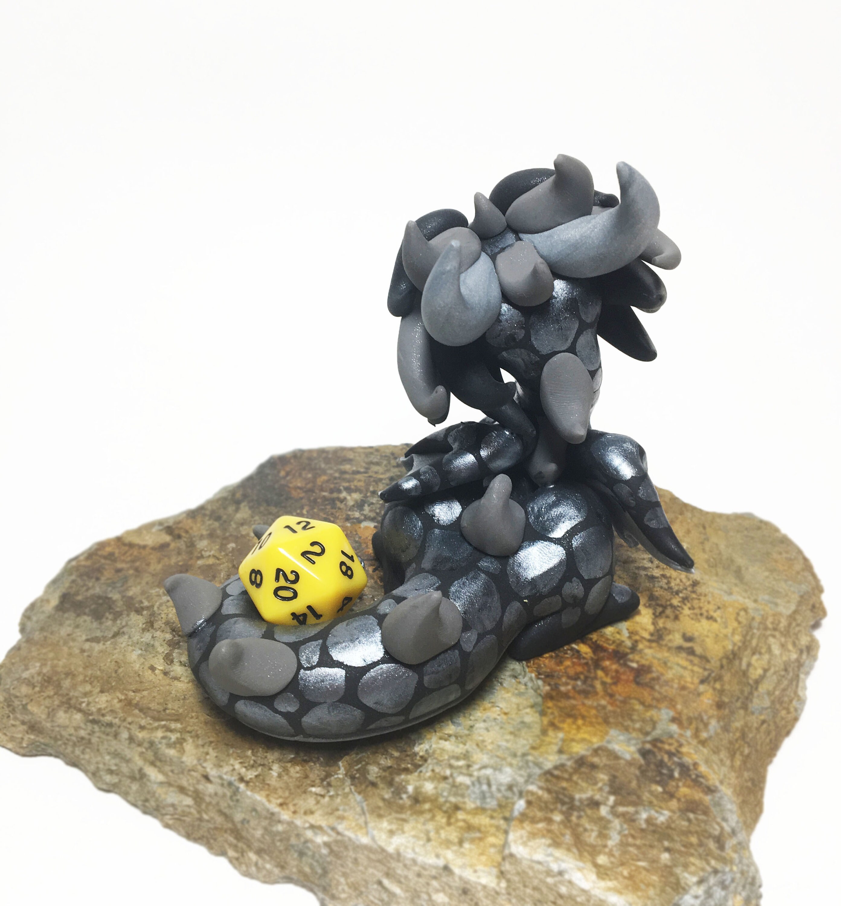 Polymer Clay Dragon Dice Holder Black, Silver, and Gray Dragonling