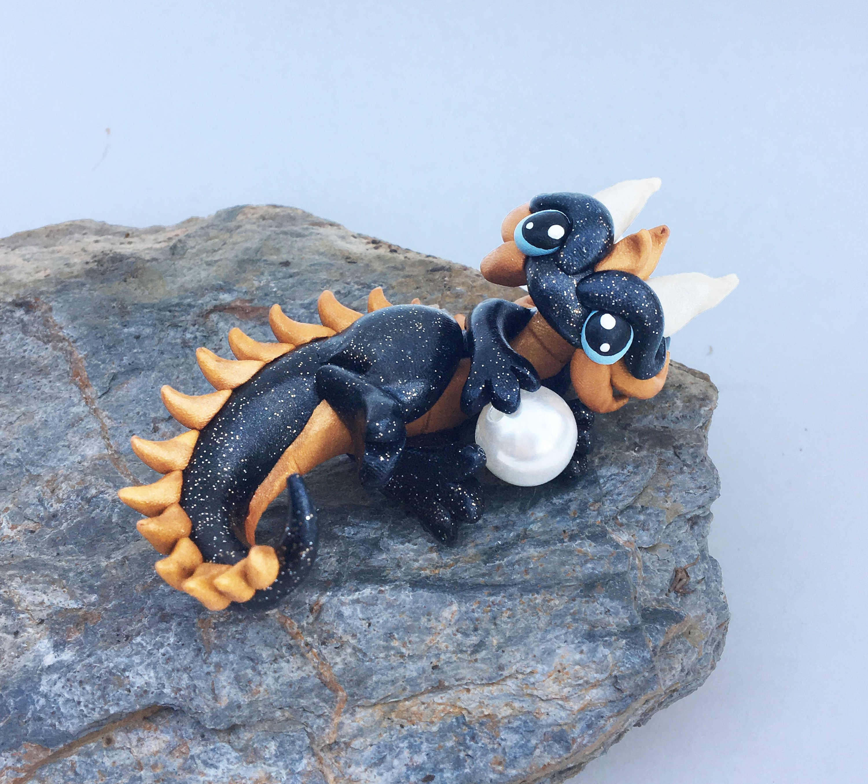 Polymer Clay Dragon Twinkly Black and Gold Mini Pearl Keeper Dragonling
