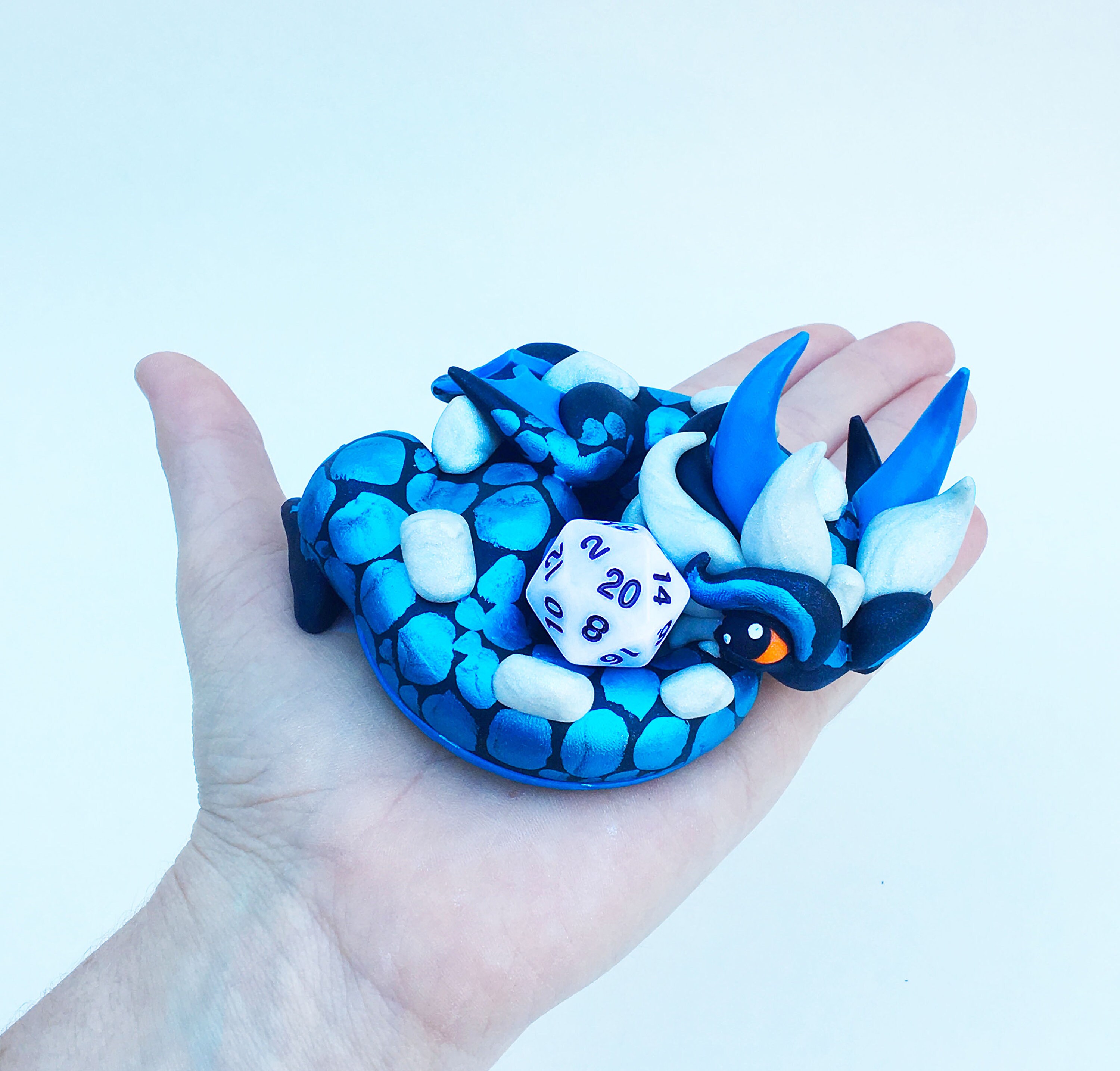 Polymer Clay Dice Dragon Figurine Black, Teal, and Pearl White
