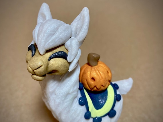Halloween Llama | Llama Sculpture | Fall Llama Figurine | White Llama with Jack-o-Lantern