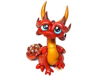 Caspian | Polymer Dragon Dice Holder |  Red, Gold, and Burgundy Dragonling | Clay Dragon