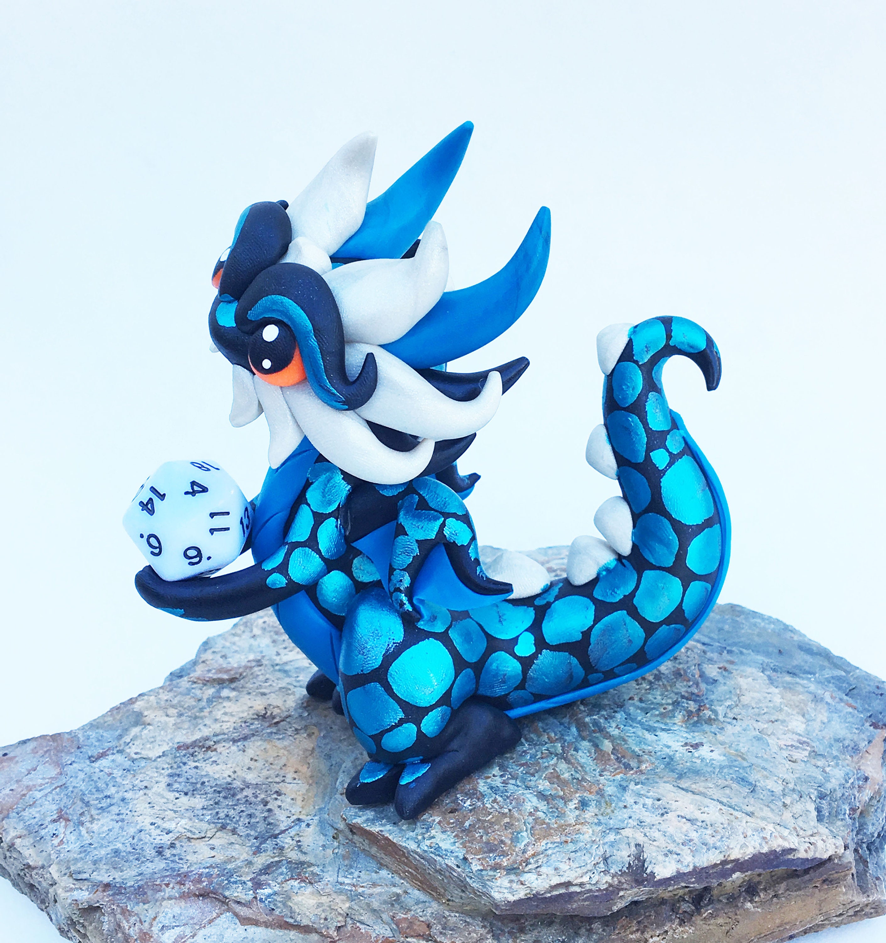 Polymer Clay Dice Dragon Figurine Black, Teal, and Pearl White