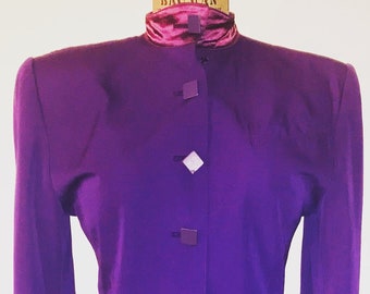 THIERRY MUGLER 1980s purple suit A cropped blazer and satin trousers Made in France bellhop chic! x rare