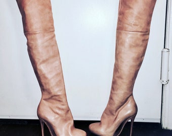MARTIN MARGIELA  nude wood platform thigh high boots