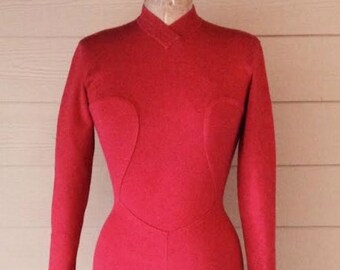 AZZEDINE ALAIA 1980's stretch zipper red body con form fitting dress rare Made in france