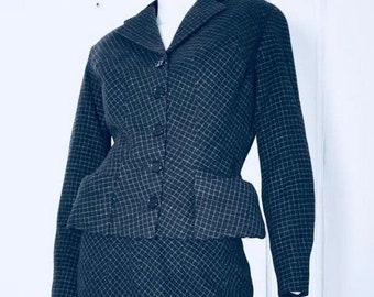 CHRISTIAN DIOR PARIS 1940's charcoal pin stripe grid wool two piece suit w/contour padded waist rare couture Made in France Museum No Pin