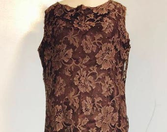 Cristobal Balenciaga haute couture 1955 numbered tulip lace cocktail sleeveless brown dress silk lining x-rare MET Museum Made in France