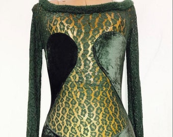 AZZEDINE ALAIA 1991 A/W forest green lace and velvet cut out bra style  leopard print laser lace mini mico body con dress Made in France