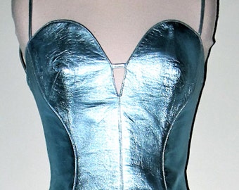 Thierry MUGLER couture vintage 90's lambskin metallic icy blue leather bustier cut out side split dress ICONIC rare Runway XS Size 2/4