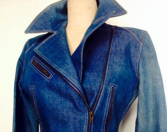 Azzedine ALAIA 1983 denim tie drawstring corset style motorcycle jacket by the master ALAIA Made in France