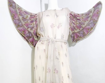 Valentino 1970's two piece silk floral chiffon angel sleeve accordion pleat front split gown x-rare wedding holiday party Italy vintage