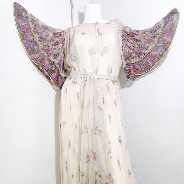 Valentino 1970's two piece silk floral chiffon angel sleeve accordion pleat front split gown x-rare wedding holiday party Italy vintage