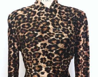 Patrick Kelly Paris 1980'S leopard cheetah print velveteen lycra stretch knee length micro body con zipper dress Rare made in France