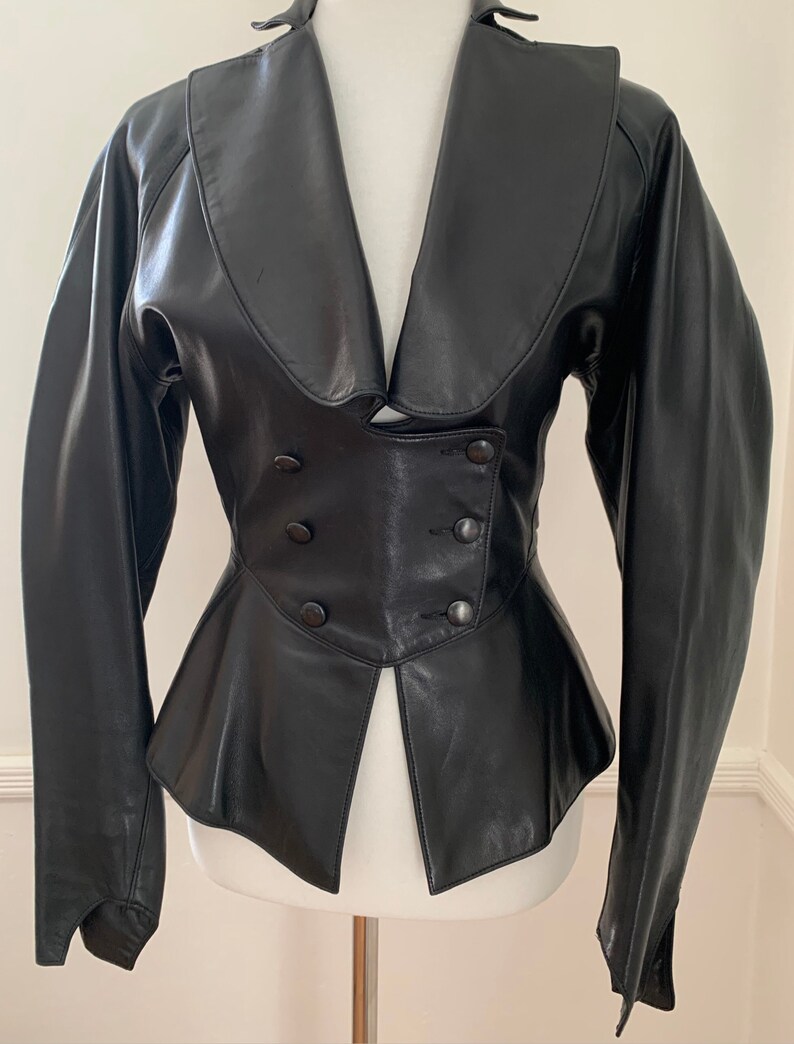 Azzedine ALAIA 1980s black leather double breasted peplum style shape jacket Made in France. ALAIA the king of cling image 1