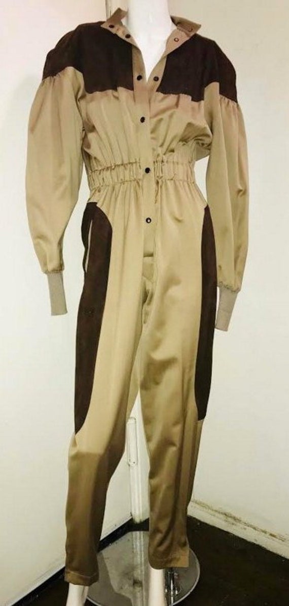 THIERRY MUGLER 1970's brown suede khaki jumpsuit. 