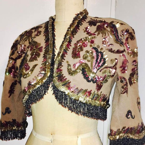 Cristobal BALENCIAGA 1947 Haute couture matador beaded silk bolero jacket MuseumAve George V Histor embroidered REBE 250K