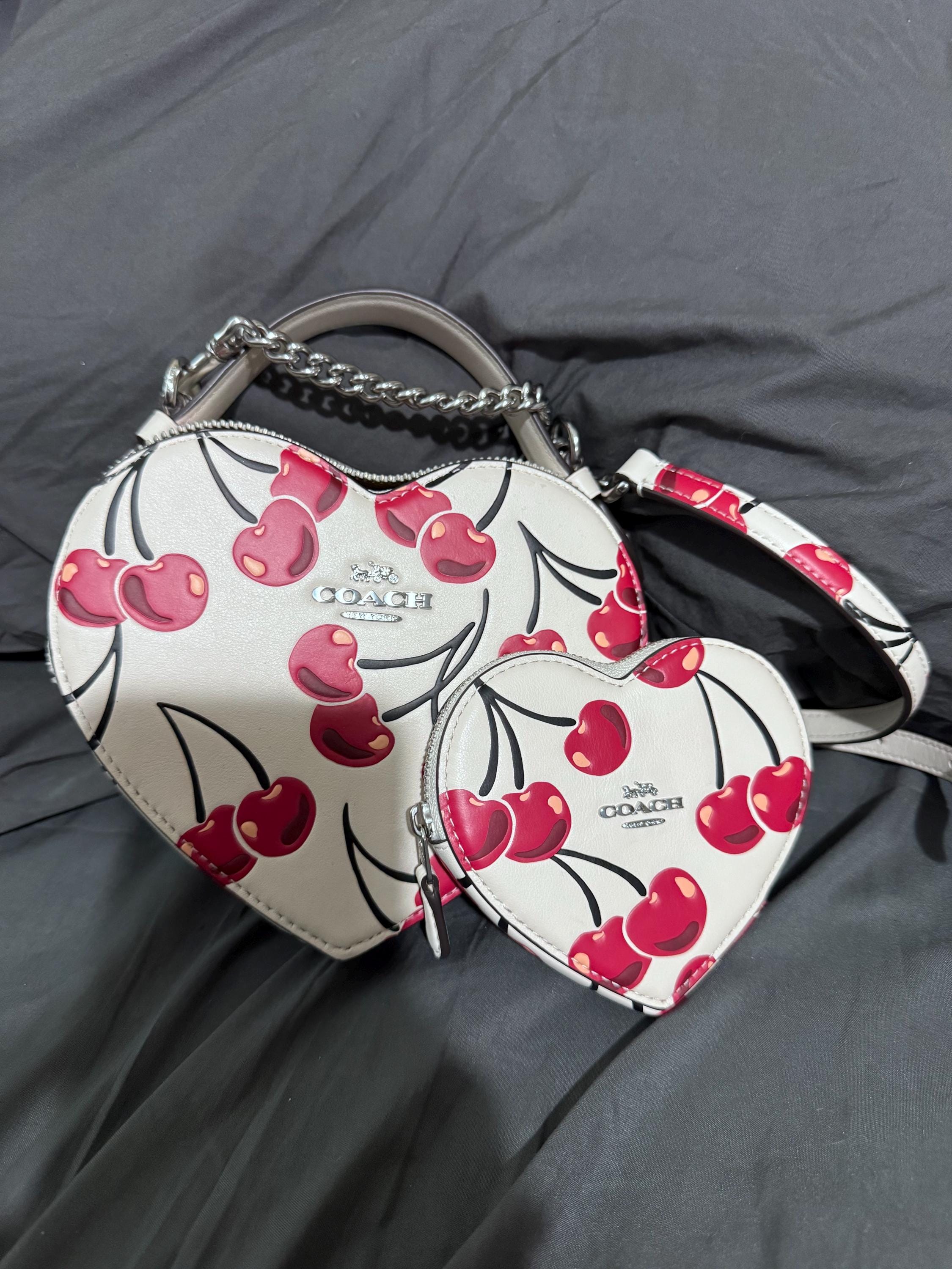 NWT Coach Heart Crossbody Bag W Coin Purse Chalk W Cherry Print