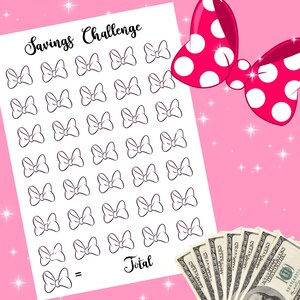 May include: A printable savings challenge tracker with a total of 50 bows to color in as you save money. The text "Savings Challenge" is at the top of the page. The text "Total" is at the bottom of the page.
