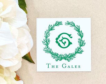 Crest Personalized Sticker Custom Watercolor Laurel Gift Wrap Party Packaging Kids Baby Housewarming Family Initial Monogram thank you