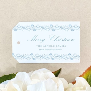 Personalized Blue and White Christmas Crest Gift Tags Monogram Holiday Gift Tag Label Custom Watercolor Hang Tag Chinoiserie whimsical