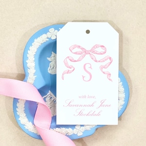 Lazo rosa personalizado monograma etiquetas de regalo acuarela personalizada pastel vivero bebé gracias envoltura de regalo embalaje personalizado baby shower niña