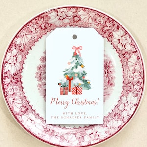 Etiquetas de regalo de árbol de Navidad personalizadas, regalos de santa, etiqueta de regalo de vacaciones, etiqueta colgante de acuarela personalizada, feliz Navidad, felices fiestas