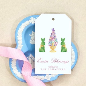 Bendiciones de Pascua Primavera Etiqueta de regalo personalizada Conejito Acuarela personalizada Árbol de huevos de Pascua Monograma Envoltura de regalo Embalaje personalizado Baby Shower