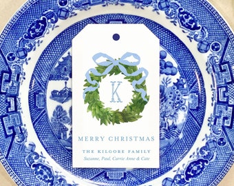 Personalized Wreath Christmas blue bow Gift Tags Monogram Holiday Gift Tag Label Custom Watercolor Hang Tag Chinoiserie greenery